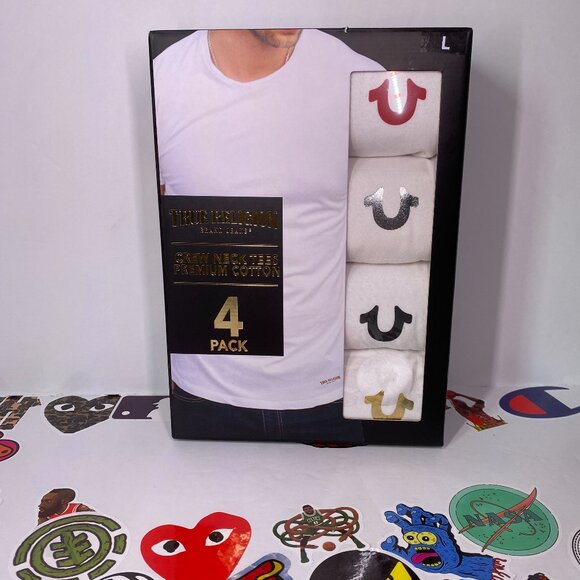NEW 4 PACK MENS TRUE RELIGION CREW NECK TEES PREMIUM COTTON WHITE SIZE MEDIUM - Picture 1 of 7